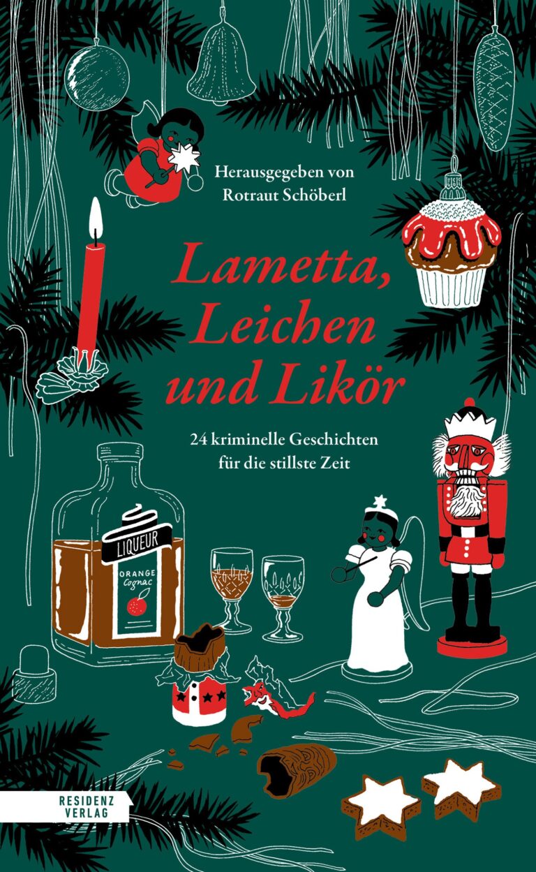 Das Cover von "Lametten, Leichen und Likör" mit grünem Hintergrund und einigen Weihnachtsbezogenen Symbolen