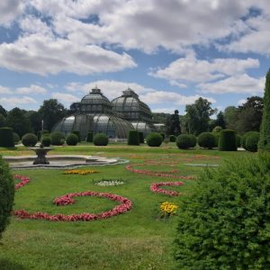 Palmenhaus Schönbrunn mit grüner Wiese und bunten Blumen im Vordergrund